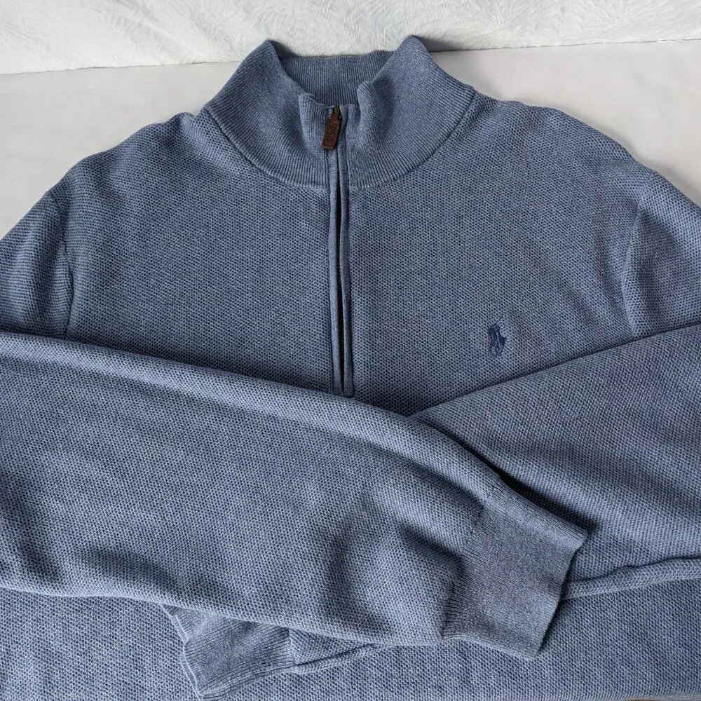 POLO RALPH LAUREN Pima Cotton Quarter-Zip Pullover Sweater Blue XXL Worn on TV